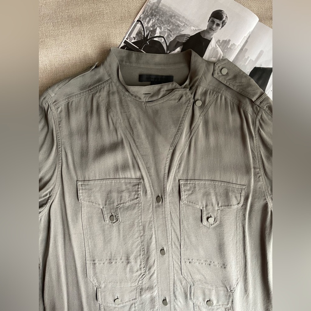 Alexander Wang 100% Silk Button Up Shirt / Tunic In Army /Olive Green Size 10 - Picture 5 of 16